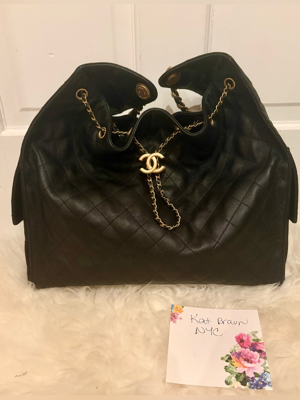 CHANEL 25 Medium Black Quilted Leather Drawstring Shoulder Hobo with Gold Chain